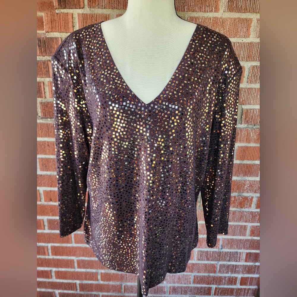 St. John Mahogany Gold Metallic Embellished Pullover Blouse Size XL